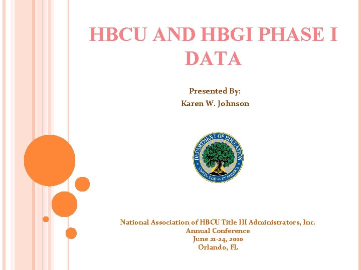 HBCU AND HBGI PHASE I DATA Presented By: Karen W. Johnson National Association of