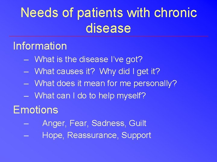 Needs of patients with chronic disease Information – – What is the disease I’ve Needs of patients with chronic disease Information – – What is the disease I’ve