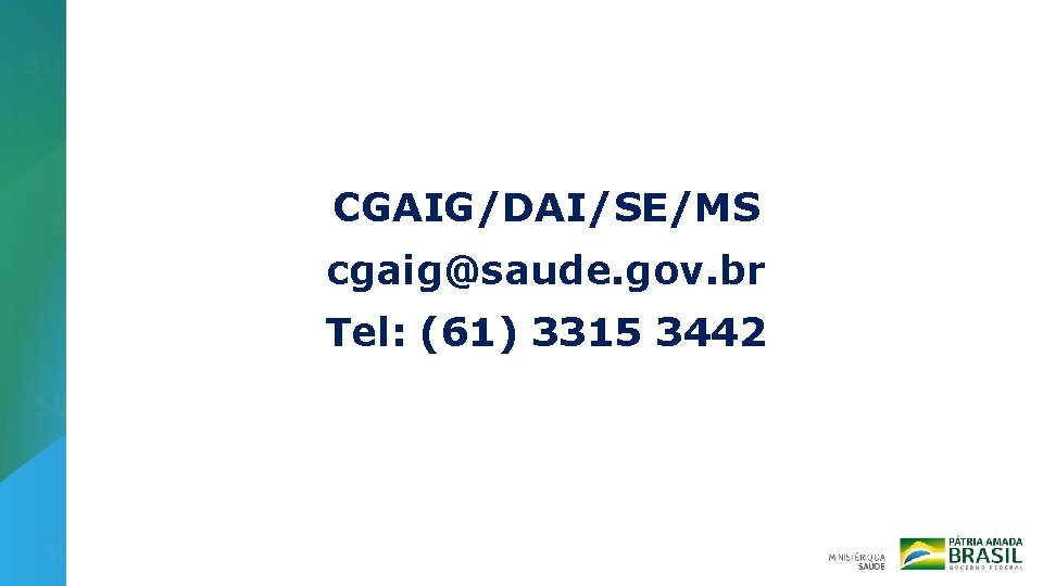 CGAIG/DAI/SE/MS cgaig@saude. gov. br Tel: (61) 3315 3442 
