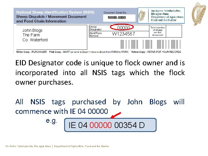 10000 -00000 W 1234567 John Blogs The Farm Co. Waterford EID Designator code is 10000 -00000 W 1234567 John Blogs The Farm Co. Waterford EID Designator code is