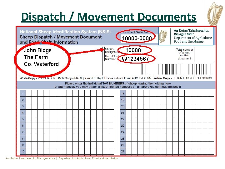 Dispatch / Movement Documents 10000 -0000 John Blogs The Farm Co. Waterford An Roinn Dispatch / Movement Documents 10000 -0000 John Blogs The Farm Co. Waterford An Roinn
