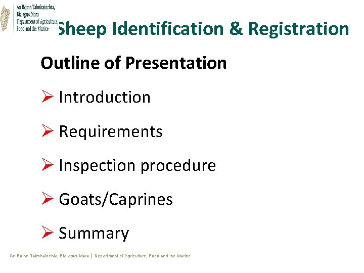 Sheep Identification & Registration Outline of Presentation Ø Introduction Ø Requirements Ø Inspection procedure Sheep Identification & Registration Outline of Presentation Ø Introduction Ø Requirements Ø Inspection procedure