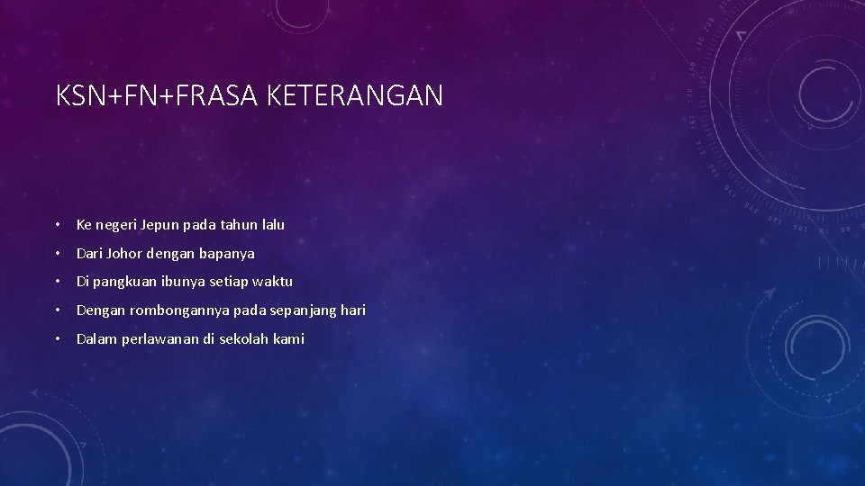 KSN+FN+FRASA KETERANGAN • Ke negeri Jepun pada tahun lalu • Dari Johor dengan bapanya