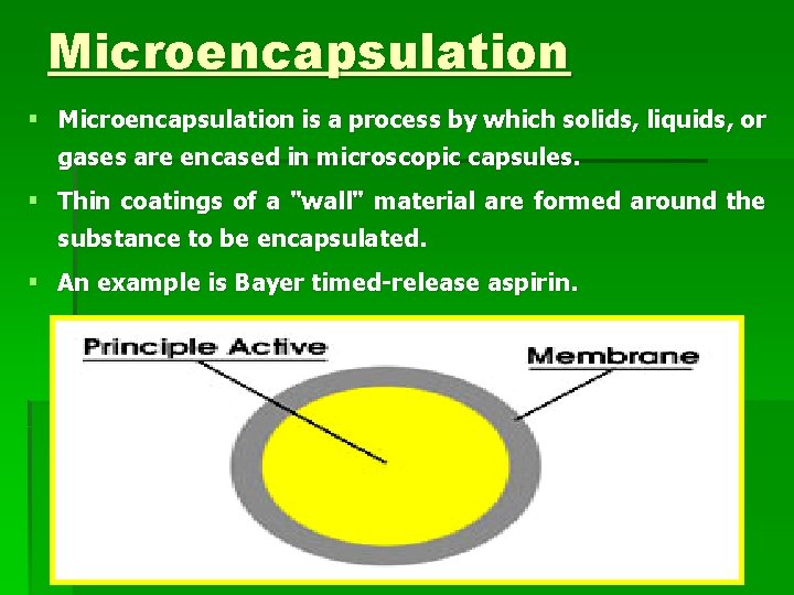 Microencapsulation § Microencapsulation is a process by which solids, liquids, or gases are encased