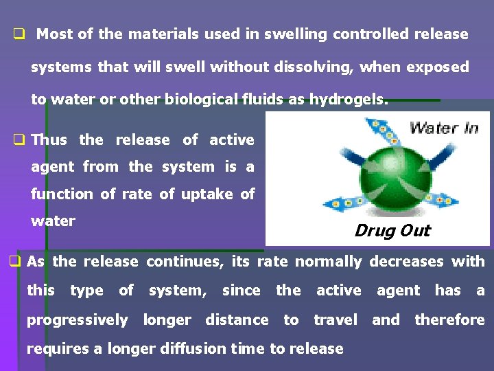 q Most of the materials used in swelling controlled release systems that will swell