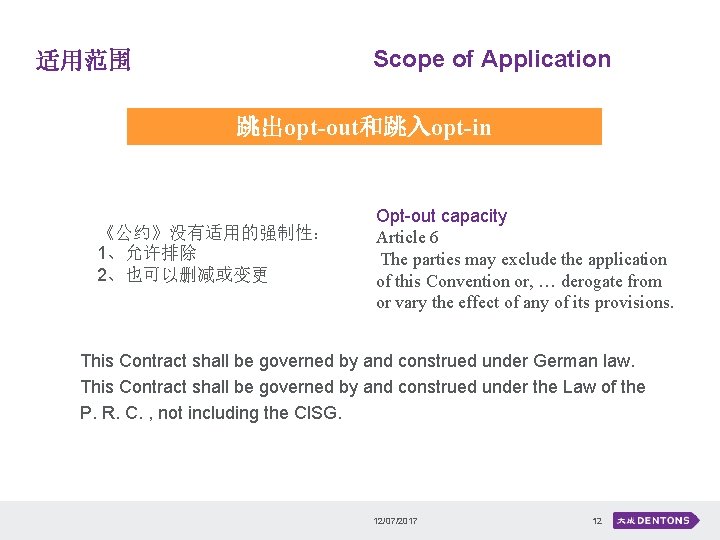 Scope of Application 适用范围 跳出opt-out和跳入opt-in 《公约》没有适用的强制性： 1、允许排除 2、也可以删减或变更 Opt-out capacity Article 6 The parties