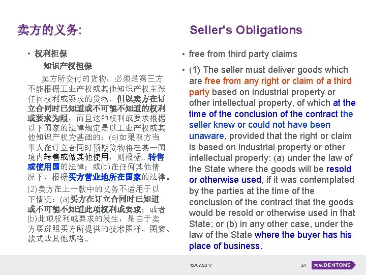 卖方的义务: • 权利担保 知识产权担保 Seller's Obligations • free from third party claims • (1)