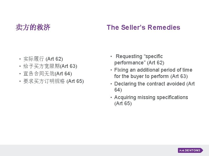 卖方的救济 • • 实际履行 (Art 62) 给予买方宽限期(Art 63) 宣告合同无效(Art 64) 要求买方订明规格 (Art 65) The