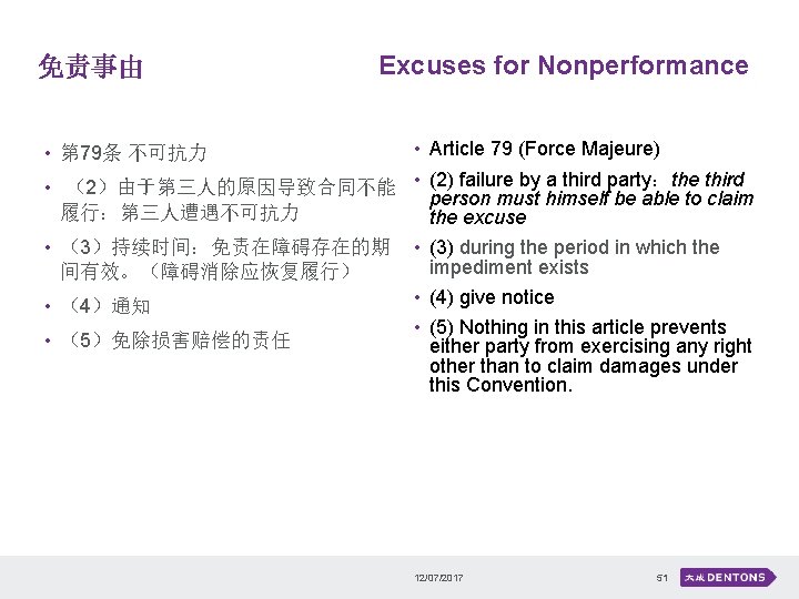 免责事由 Excuses for Nonperformance • Article 79 (Force Majeure) （2）由于第三人的原因导致合同不能 • (2) failure by