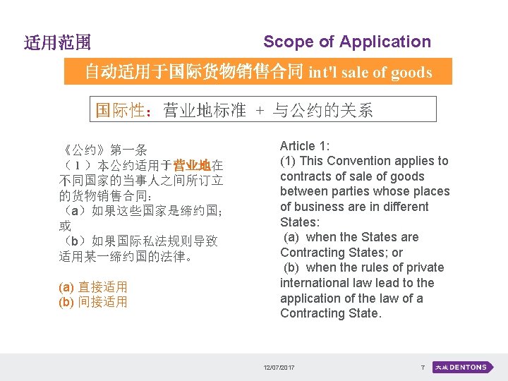 Scope of Application 适用范围 自动适用于国际货物销售合同 int'l sale of goods 国际性：营业地标准 + 与公约的关系 《公约》第一条 （１）本公约适用于营业地在