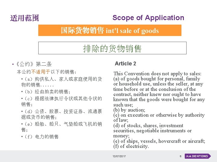 Scope of Application 适用范围 国际货物销售 int'l sale of goods 排除的货物销售 • 《公约》第二条 本公约不适用于以下的销售： 不适用于
