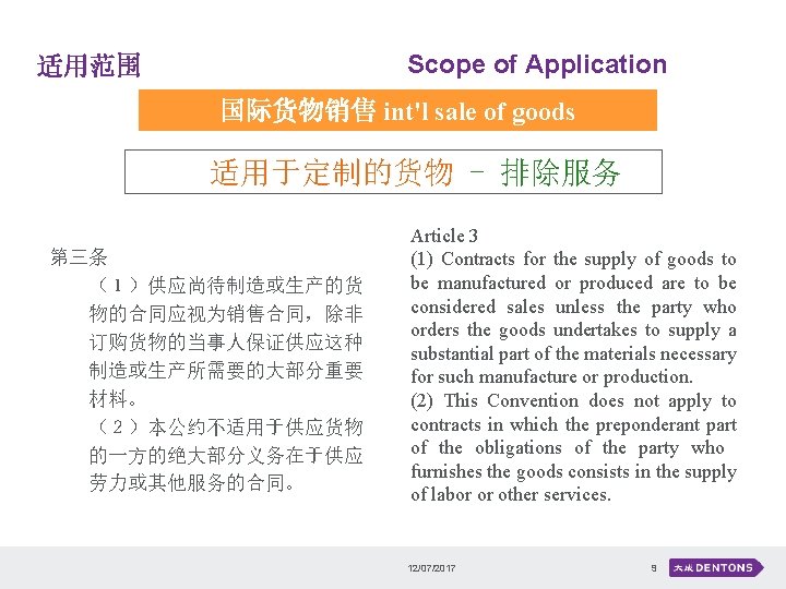 Scope of Application 适用范围 国际货物销售 int'l sale of goods 适用于定制的货物 - 排除服务 第三条 （１）供应尚待制造或生产的货