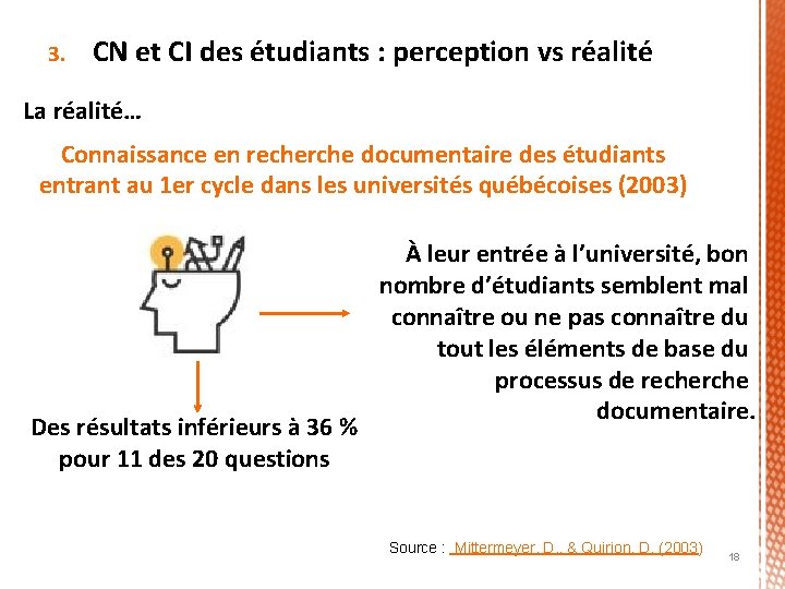 3. CN et CI des étudiants : perception vs réalité La réalité… Connaissance en