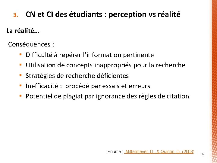 3. CN et CI des étudiants : perception vs réalité La réalité… Conséquences :