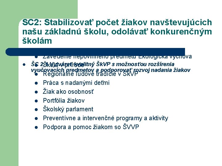 SC 2: Stabilizovať počet žiakov navštevujúcich našu základnú školu, odolávať konkurenčným školám Zavedenie nepovinného