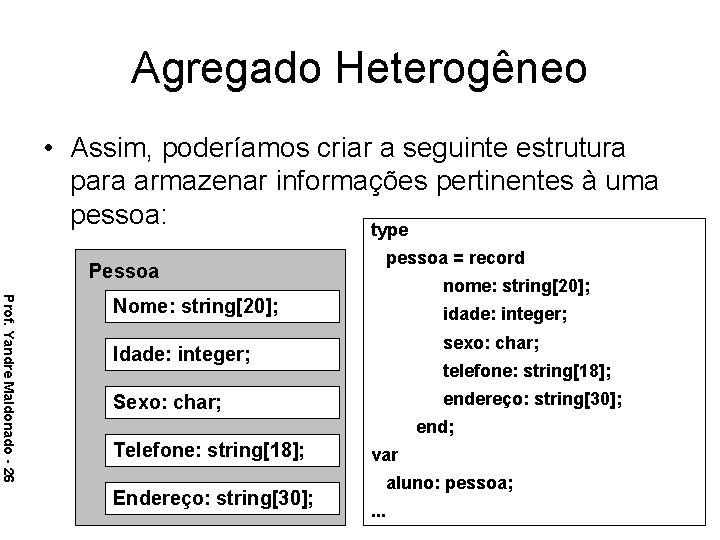 Agregado Heterogêneo • Assim, poderíamos criar a seguinte estrutura para armazenar informações pertinentes à