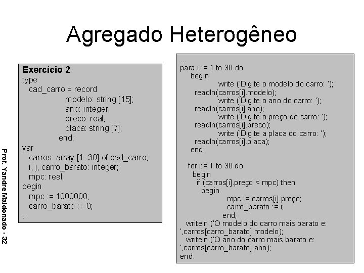 Agregado Heterogêneo Exercício 2 Prof. Yandre Maldonado - 32 type cad_carro = record modelo: