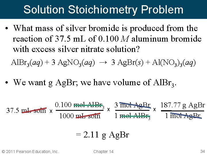 Solution Stoichiometry Problem • What mass of silver bromide is produced from the reaction Solution Stoichiometry Problem • What mass of silver bromide is produced from the reaction