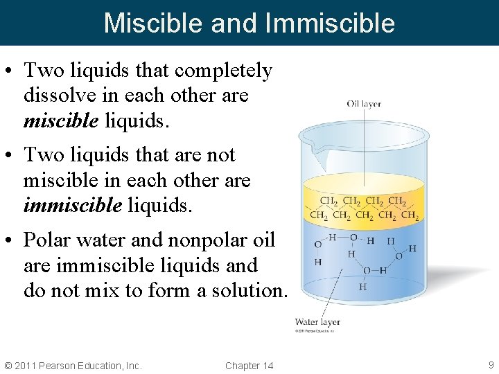 Miscible and Immiscible • Two liquids that completely dissolve in each other are miscible Miscible and Immiscible • Two liquids that completely dissolve in each other are miscible
