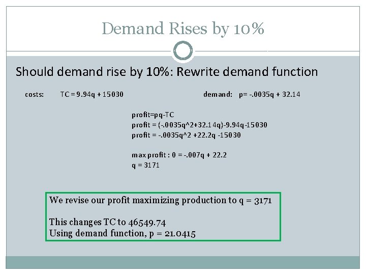 Demand Rises by 10% Should demand rise by 10%: Rewrite demand function costs: TC