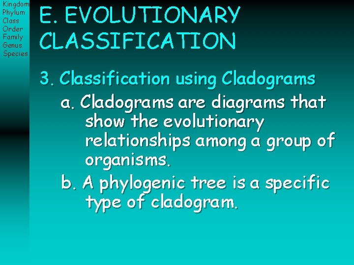 Kingdom Phylum Class Order Family Genus Species E. EVOLUTIONARY CLASSIFICATION 3. Classification using Cladograms