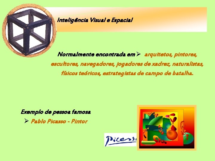 Inteligência Visual e Espacial Normalmente encontrada em arquitetos, pintores, escultores, navegadores, jogadores de xadrez,