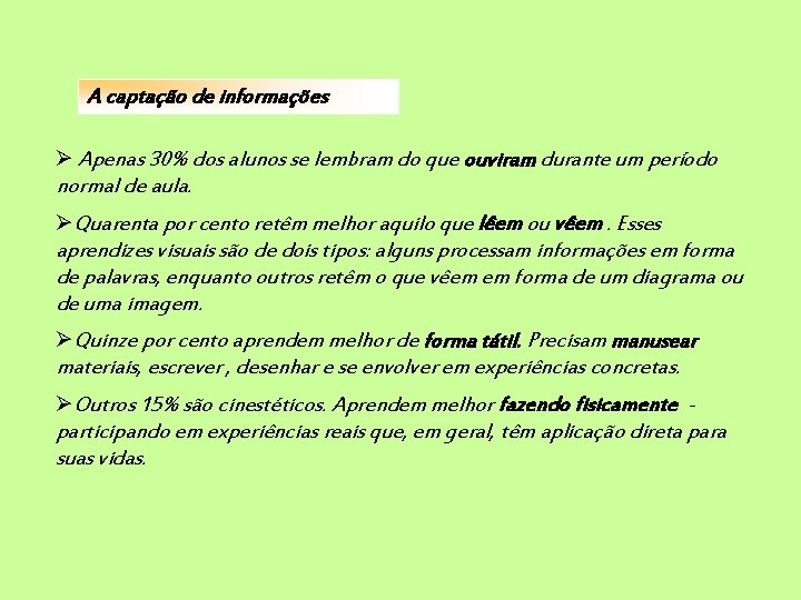 A captação de informações Apenas 30% dos alunos se lembram do que ouviram durante