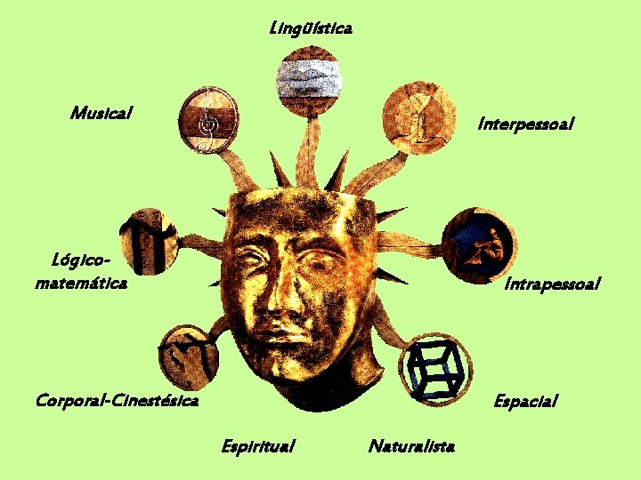 Lingüística Musical Interpessoal Lógicomatemática Intrapessoal Corporal-Cinestésica Espacial Espiritual Naturalista 