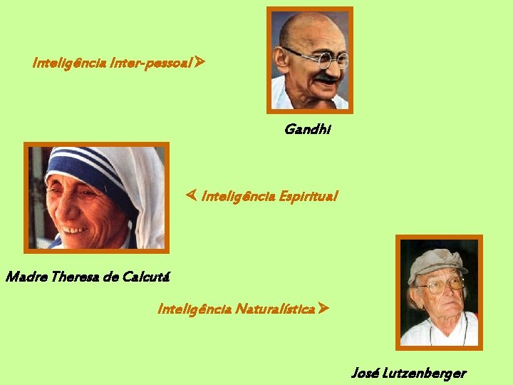 Inteligência Inter-pessoal Gandhi Inteligência Espiritual Madre Theresa de Calcutá Inteligência Naturalística José Lutzenberger 