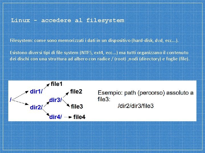 Linux - accedere al filesystem Filesystem: come sono memorizzati i dati in un dispositivo