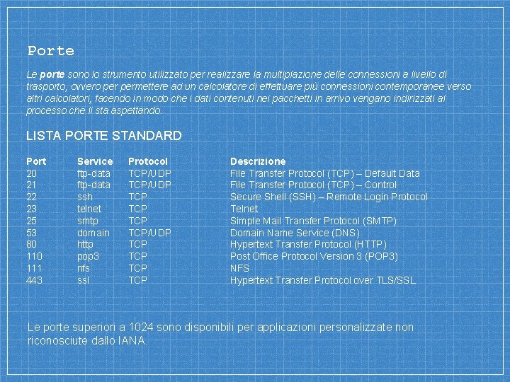 Porte Le porte sono lo strumento utilizzato per realizzare la multiplazione delle connessioni a