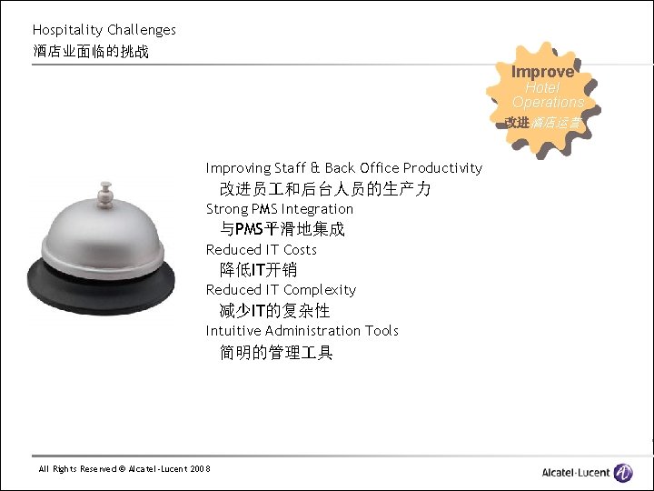 Hospitality Challenges 酒店业面临的挑战 Improve Hotel Operations 改进酒店运营 Improving Staff & Back Office Productivity 改进员