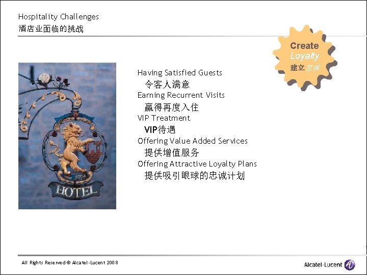 Hospitality Challenges 酒店业面临的挑战 Create Loyalty Having Satisfied Guests 令客人满意 Earning Recurrent Visits 赢得再度入住 VIP