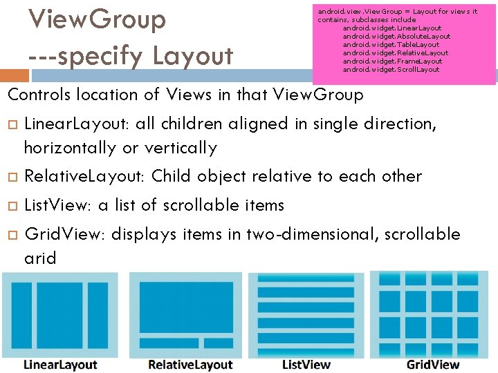 View. Group ---specify Layout android. view. View. Group = Layout for views it contains,