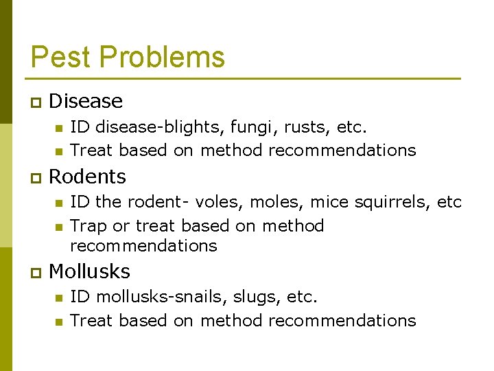 Pest Problems p Disease n n p Rodents n n p ID disease-blights, fungi,