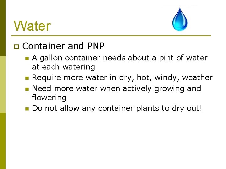 Water p Container and PNP n n A gallon container needs about a pint