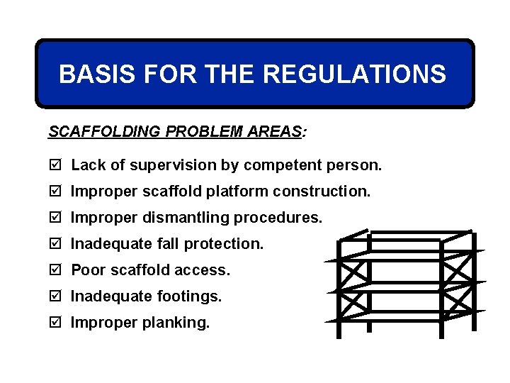 BASIS FOR THE REGULATIONS SCAFFOLDING PROBLEM AREAS: þ Lack of supervision by competent person.
