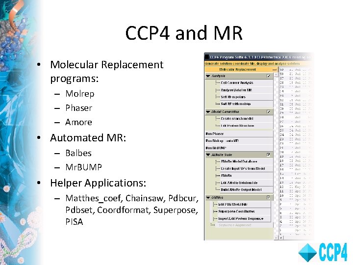 CCP 4 and MR • Molecular Replacement programs: – Molrep – Phaser – Amore