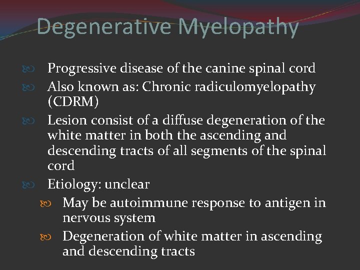 Degenerative Myelopathy Progressive disease of the canine spinal cord Also known as: Chronic radiculomyelopathy