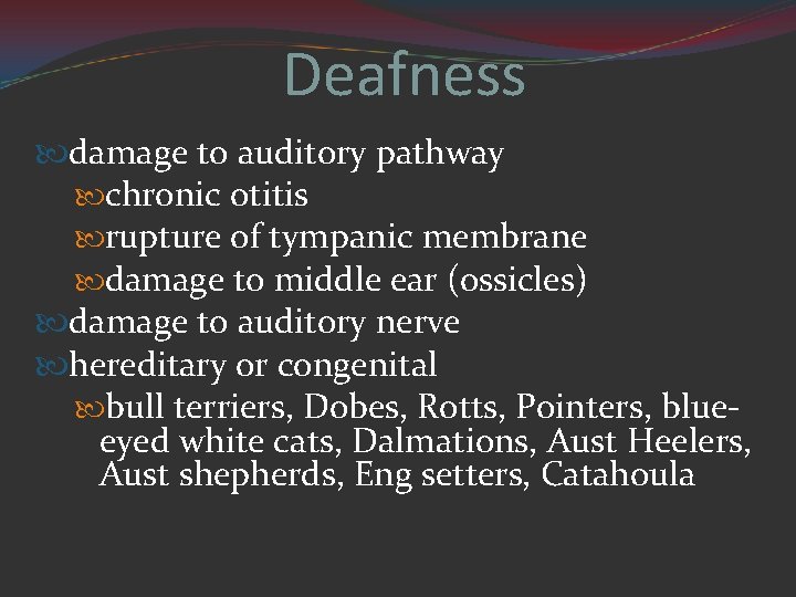 Deafness damage to auditory pathway chronic otitis rupture of tympanic membrane damage to middle