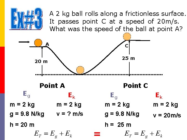A 2 kg ball rolls along a frictionless surface. It passes point C at