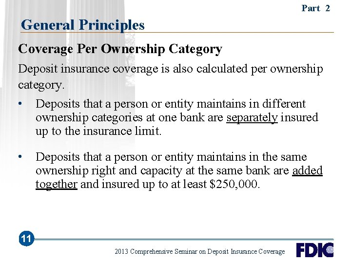 Part 2 General Principles Coverage Per Ownership Category Deposit insurance coverage is also calculated