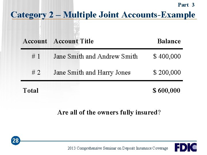 Part 3 Category 2 – Multiple Joint Accounts-Example Account Title Balance #1 Jane Smith