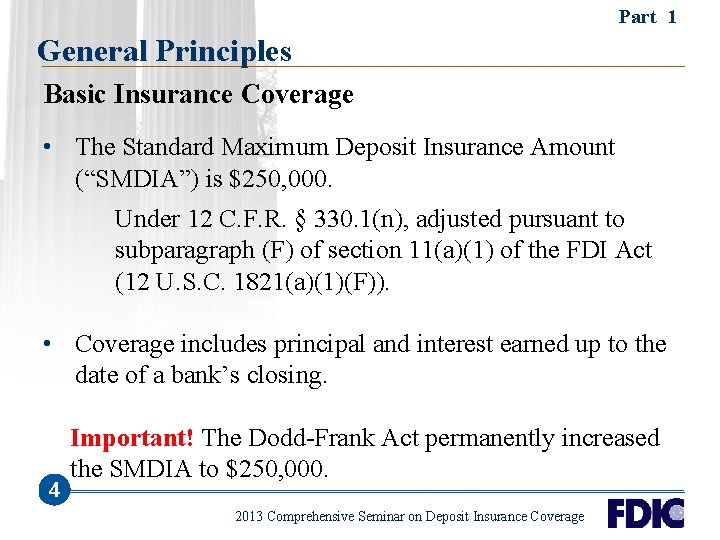 Part 1 General Principles Basic Insurance Coverage • The Standard Maximum Deposit Insurance Amount