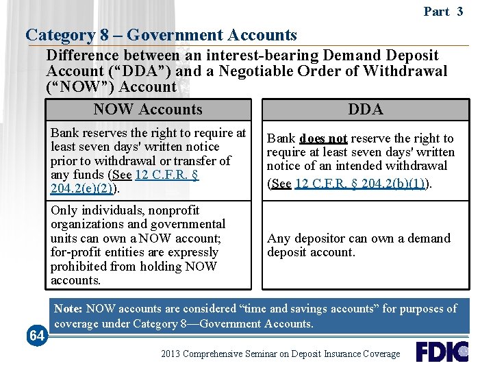 Part 3 Category 8 – Government Accounts Difference between an interest-bearing Demand Deposit Account