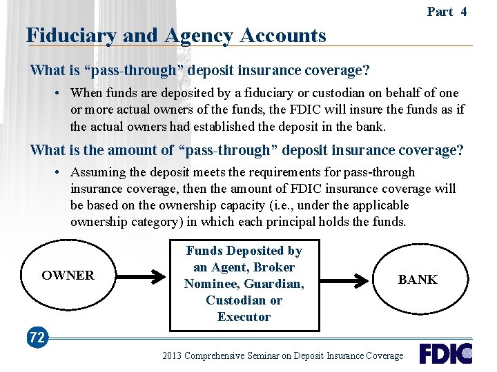 Part 4 Fiduciary and Agency Accounts What is “pass-through” deposit insurance coverage? • When