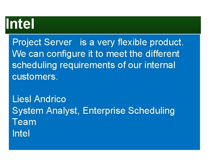 Microsoft Project Customer Success Intel Project Server is a very flexible product. We can Microsoft Project Customer Success Intel Project Server is a very flexible product. We can