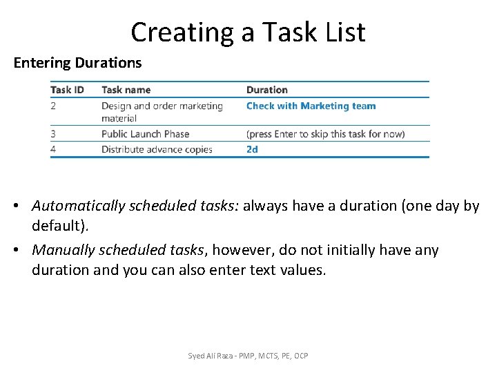 Creating a Task List Entering Durations • Automatically scheduled tasks: always have a duration Creating a Task List Entering Durations • Automatically scheduled tasks: always have a duration