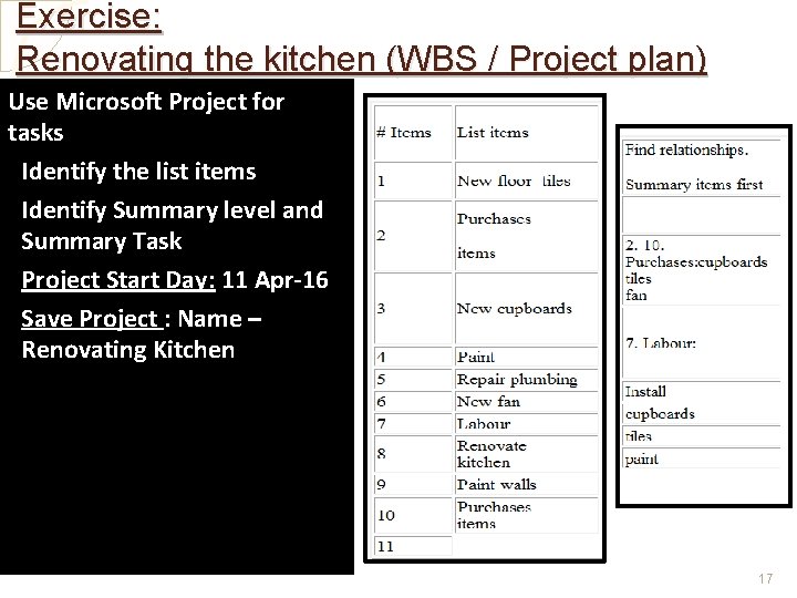 Exercise: Renovating the kitchen (WBS / Project plan) Use Microsoft Project for tasks • Exercise: Renovating the kitchen (WBS / Project plan) Use Microsoft Project for tasks •