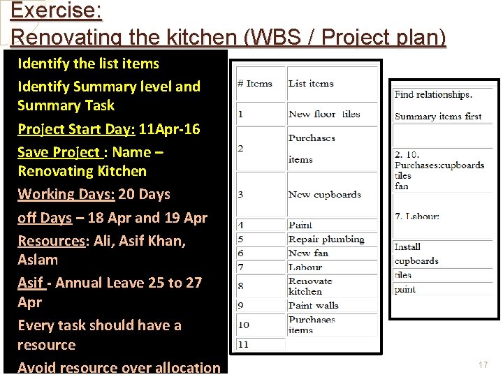 Exercise: Renovating the kitchen (WBS / Project plan) • Identify the list items • Exercise: Renovating the kitchen (WBS / Project plan) • Identify the list items •